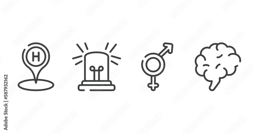 in the hospital outline icons set. thin line icons sheet included hospital placeholder, emergency light, male and female, human brain vector. in the hospital outline icons set. thin line icons sheet included hospital placeholder, emergency light, male and female, human brain vector.