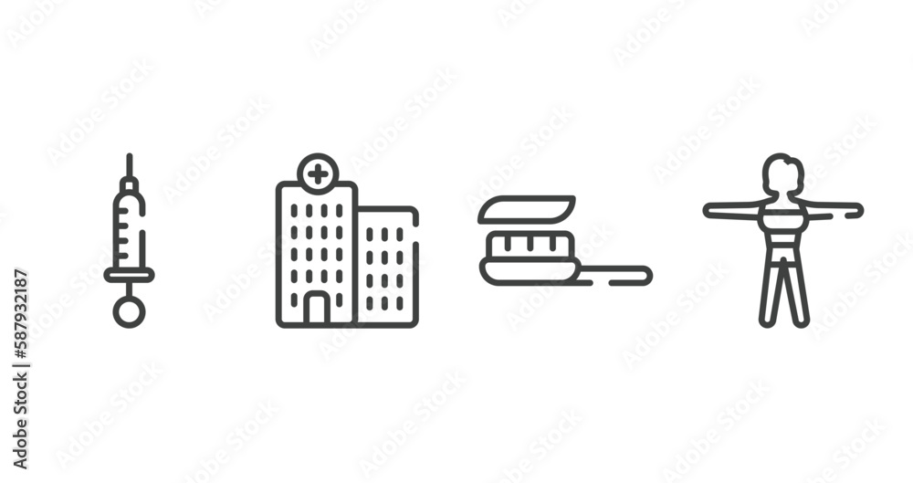 in the hospital outline icons set. thin line icons sheet included syringe with medicine, hospital, brush with tooth paste, female body vector.