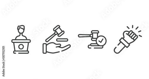 law and justice outline icons set. thin line icons sheet included counsel, qualified protection, veredict, violence vector.