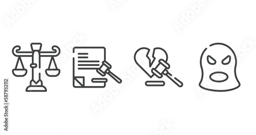 law and justice outline icons set. thin line icons sheet included business law, legal paper, divorce, balaclava vector.