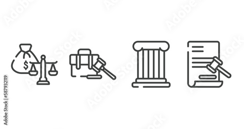 law and justice outline icons set. thin line icons sheet included inheritance law, employment, roman law, documents vector.