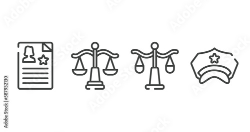 law and justice outline icons set. thin line icons sheet included criminal record, law balance, justice scale, police hat vector.