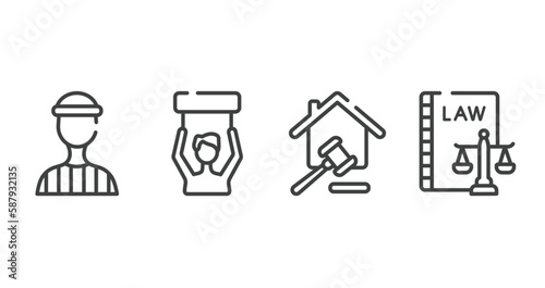 law and justice outline icons set. thin line icons sheet included prisioner, civil rights, property and finance, labour and social law vector.