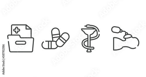 health set outline icons set. thin line icons sheet included medical results folders, two color pill, phary, breathing rescue vector.