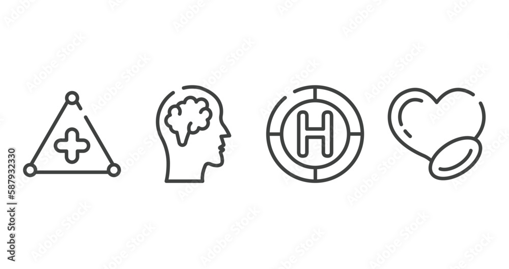 health outline icons set. thin line icons sheet included warning triangular, brain inside human head, heliport, medicine for heart vector. health outline icons set. thin line icons sheet included warning triangular, brain inside human head, heliport, medicine for heart vector.