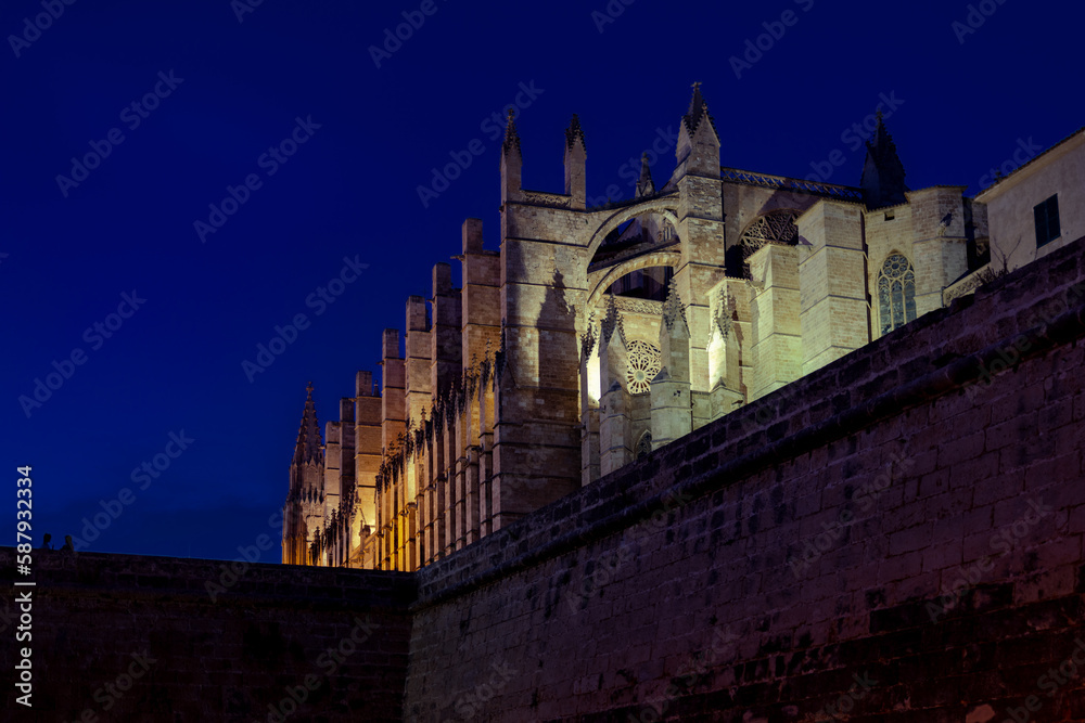 Cathedral Palam de Mallorca at night, close-up