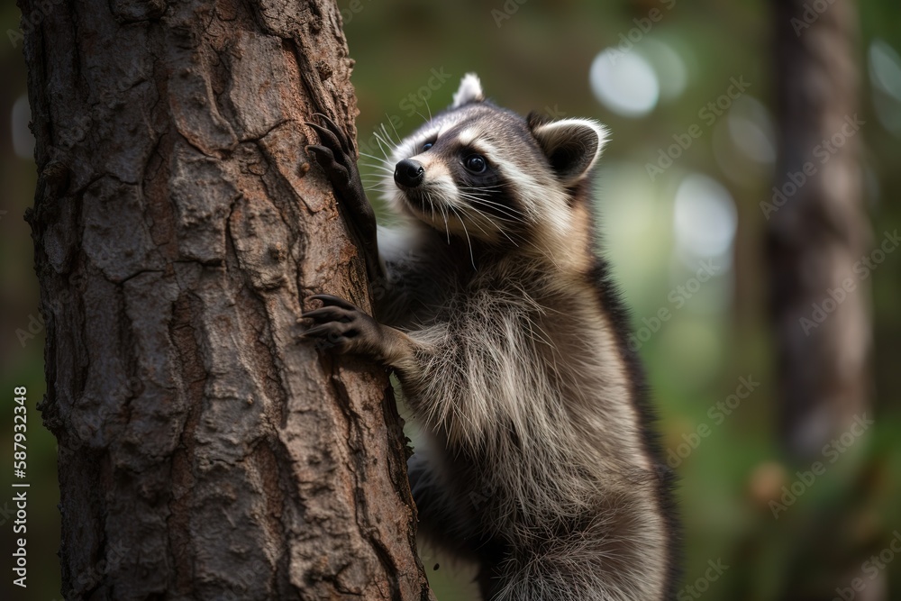 A playful and mischievous Raccoon climbing a tree, showing off its playful and mischievous nature. Generative AI