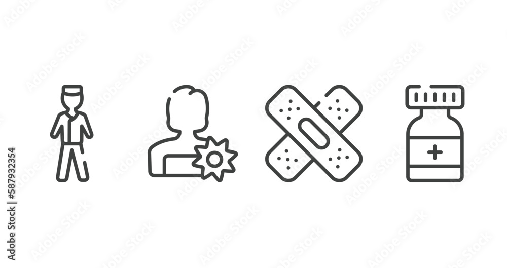 health outline icons set. thin line icons sheet included male surgeon wearing uniform, woman with flower, null, medicine container vector. health outline icons set. thin line icons sheet included male surgeon wearing uniform, woman with flower, null, medicine container vector.