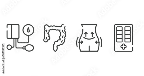 medical instruments outline icons set. thin line icons sheet included tonometer, intestine, operating, medicine cabinet vector.