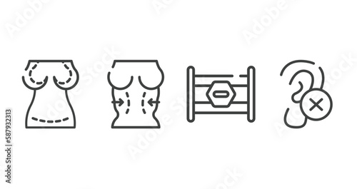 medical and health outline icons set. thin line icons sheet included augmentation, plastic surgery, road block, impaired vector.