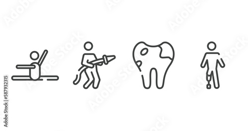 disabled people outline icons set. thin line icons sheet included stretch, fireman, caries, prosthetic vector.