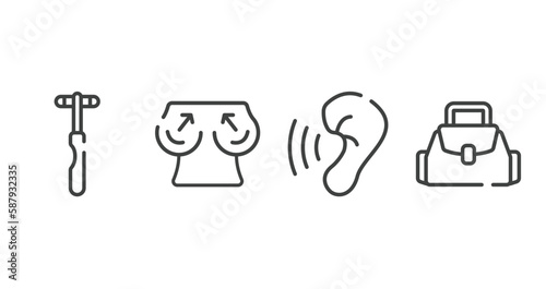 baby outline icons set. thin line icons sheet included neurology reflex hammer, boobs, hearing, baby bag vector.