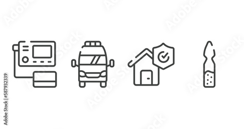 medical and dental outline icons set. thin line icons sheet included blood pressure gauge, frontal ambulance, disaster, ampoul vector.
