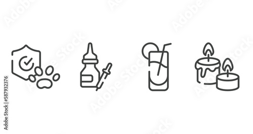 relaxing in a spa outline icons set. thin line icons sheet included pet insurance, drops of medicine, fresh soda glass, candle and stone vector.