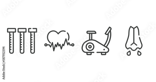 allergies outline icons set. thin line icons sheet included sample tube, ecg, stationary bike, mucus vector.
