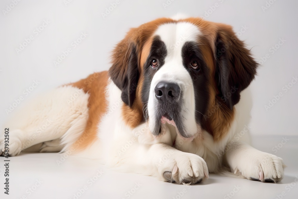 A cuddly and affectionate Saint Bernard lounging on a rug - This Saint Bernard is lounging on a soft rug or blanket. Generative AI A cuddly and affectionate Saint Bernard lounging on a rug - This Saint Bernard is lounging on a soft rug or blanket. Generative AI