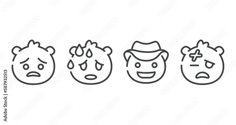 emoji outline icons set. thin line icons sheet included pouting emoji, sweating emoji, cowboy hat injured vector. emoji outline icons set. thin line icons sheet included pouting emoji, sweating emoji, cowboy hat injured vector.