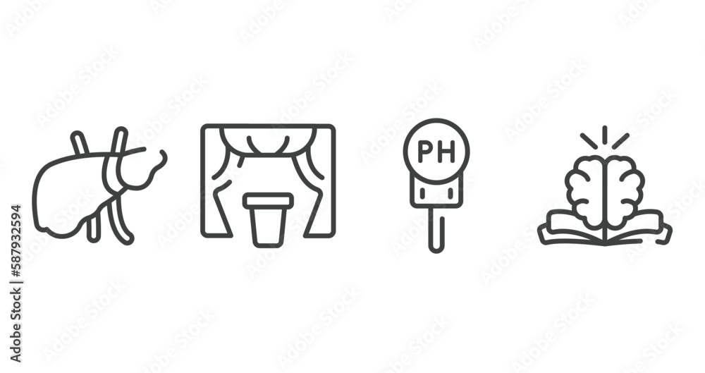 knowledge outline icons set. thin line icons sheet included liver, curtain, ph, philosophy vector. knowledge outline icons set. thin line icons sheet included liver, curtain, ph, philosophy vector.