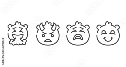 emoji outline icons set. thin line icons sheet included vomit emoji, angry with horns emoji, tired blushing vector.