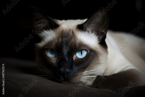 A regal and majestic Siamese cat posing for a photo - This Siamese cat is posing for a photo, showing off its sleek and elegant appearance. Generative AI