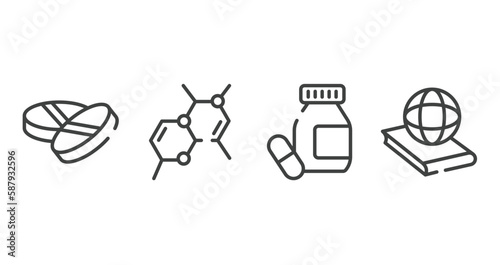 knowledge outline icons set. thin line icons sheet included drugs, chemical bond, medicines, politics vector.
