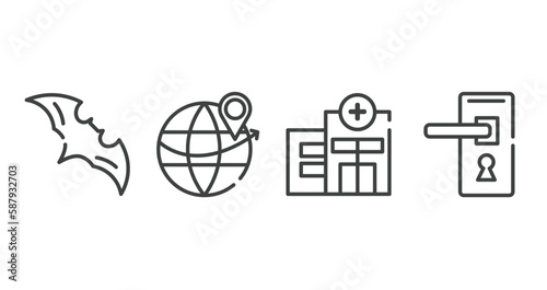outline icons set. thin line icons sheet included bat, worldwide, clinic, doorknob vector.