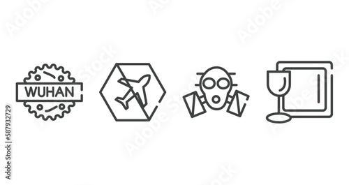 outline icons set. thin line icons sheet included wuhan, no flight, respirator, tableware vector.