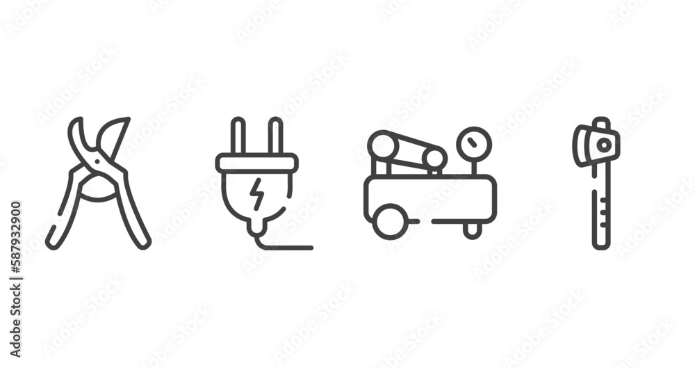 construction tools outline icons set. thin line icons sheet included pruning shears, electrical plug, air compressor, wood cutter vector. construction tools outline icons set. thin line icons sheet included pruning shears, electrical plug, air compressor, wood cutter vector.