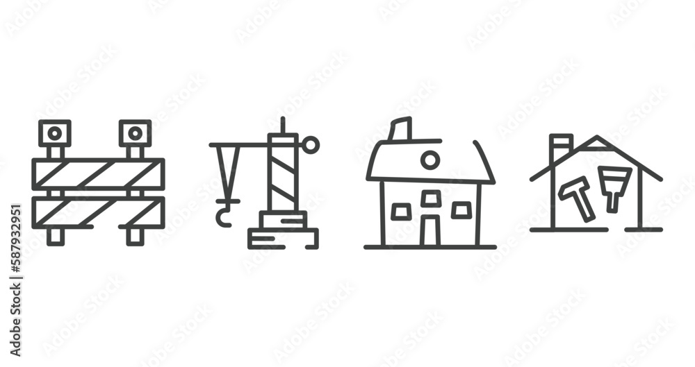 do it yourself outline icons set. thin line icons sheet included barrier construction limit tool, derrick facing right, house hand drawn building, home repair vector.