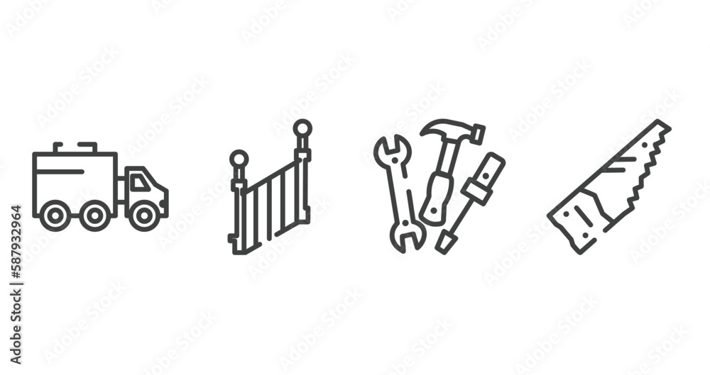 hand drawn construction outline icons set. thin line icons sheet included truck with freight, stairs side view, three tools, saw hand drawn tool vector. hand drawn construction outline icons set. thin line icons sheet included truck with freight, stairs side view, three tools, saw hand drawn tool vector.