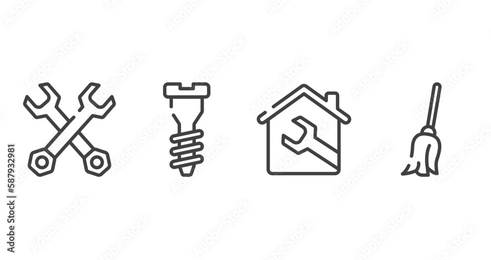 toolbox outline icons set. thin line icons sheet included double wrench, garage screw, house, cleaning mop vector.