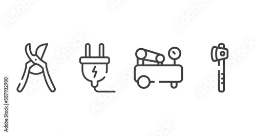 construction tools outline icons set. thin line icons sheet included pruning shears, electrical plug, air compressor, wood cutter vector.