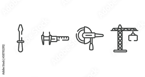 tools and hinery outline icons set. thin line icons sheet included screwdriver pointing up, calipers, grinder hine, null vector.