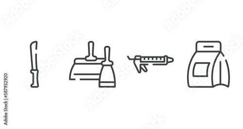 housekeeping outline icons set. thin line icons sheet included bread knife, two spatulas, sealant, washing powder vector.