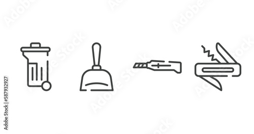 construction elements outline icons set. thin line icons sheet included dumpster, dustpan, stationery knife, jackknife vector.