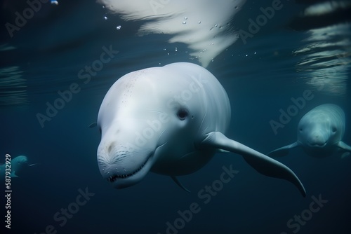 A curious and friendly Beluga Whale swimming in a pod - This Beluga Whale is swimming in a pod, showing off its curious and friendly nature.. Generative AI © create