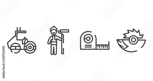 work tools outline icons set. thin line icons sheet included roller hine of construction  man painting  measuring tape  saw half cogwheel vector.