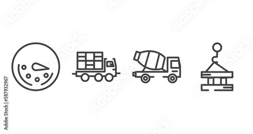 constructicons outline icons set. thin line icons sheet included circular speedometer, truck with load, concrete truck, derrick with pallet vector.