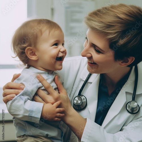 Happy doctors with pediatric patients at the hospital. AI-generated images 