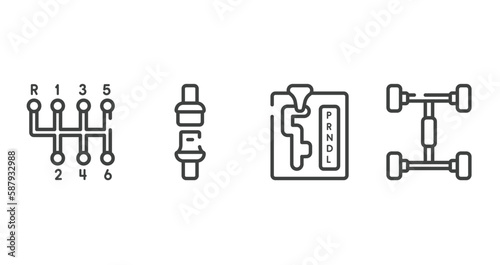 car repair outline icons set. thin line icons sheet included gear stick  seat belt  automatic transmission  chassis vector.