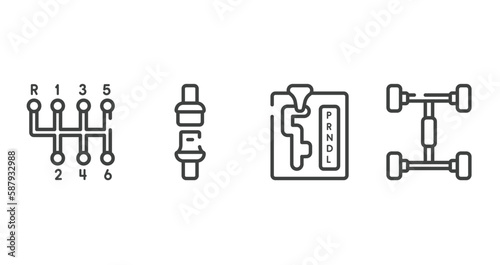 car repair outline icons set. thin line icons sheet included gear stick, seat belt, automatic transmission, chassis vector.