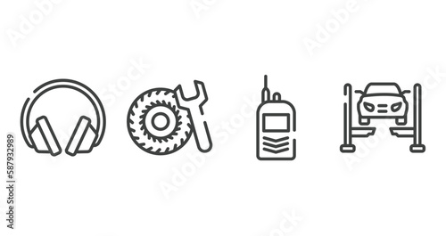 car repair outline icons set. thin line icons sheet included ear protection, tyre, portable radio, car lift vector.