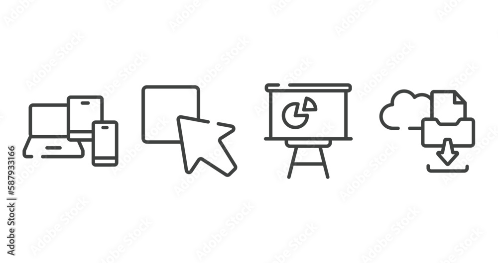 cloud computing outline icons set. thin line icons sheet included phone tablet and laptop, test box, statistics presentation, archives files download vector.