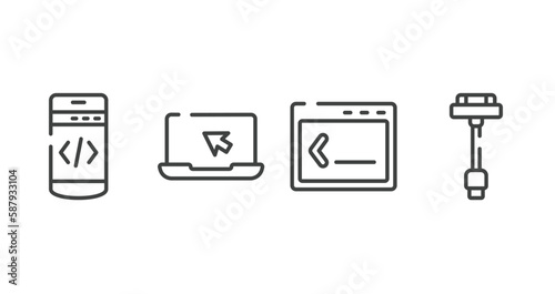 devices outline icons set. thin line icons sheet included mobile programming, laptop with arrow, command line, usb charger vector.