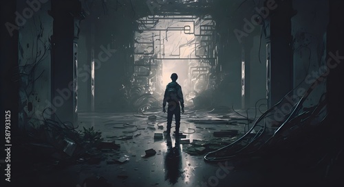 A man walking through a dark  waterlogged path in an abandoned building  digital art style  illustration painting  Generative AI