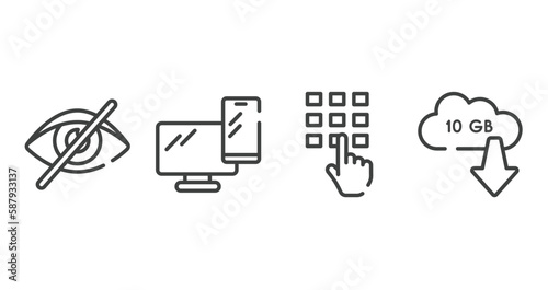 cursors and pointers outline icons set. thin line icons sheet included visibility off, pc smartphone, entering password, null vector.