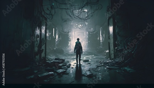 A man walking through a dark  waterlogged path in an abandoned building  digital art style  illustration painting  Generative AI