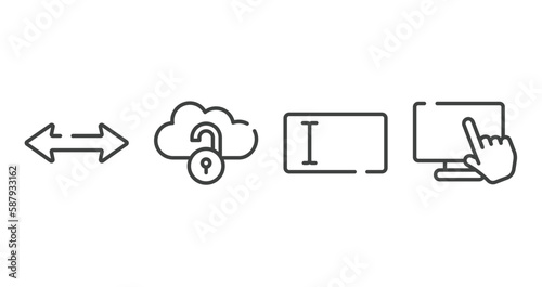 computer and media outline icons set. thin line icons sheet included left and right arrow, unlocked internet, text entry box, computer touch screen vector.