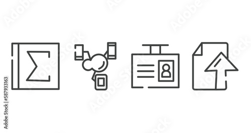 cloud computing outline icons set. thin line icons sheet included spreadsheet with sum, synchronized devices, id badge, ftp upload vector.