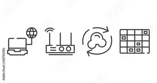 computer and media outline icons set. thin line icons sheet included computer connected to internet, wireless lan router device, synchronize with internet, spreadsheet cell row vector.